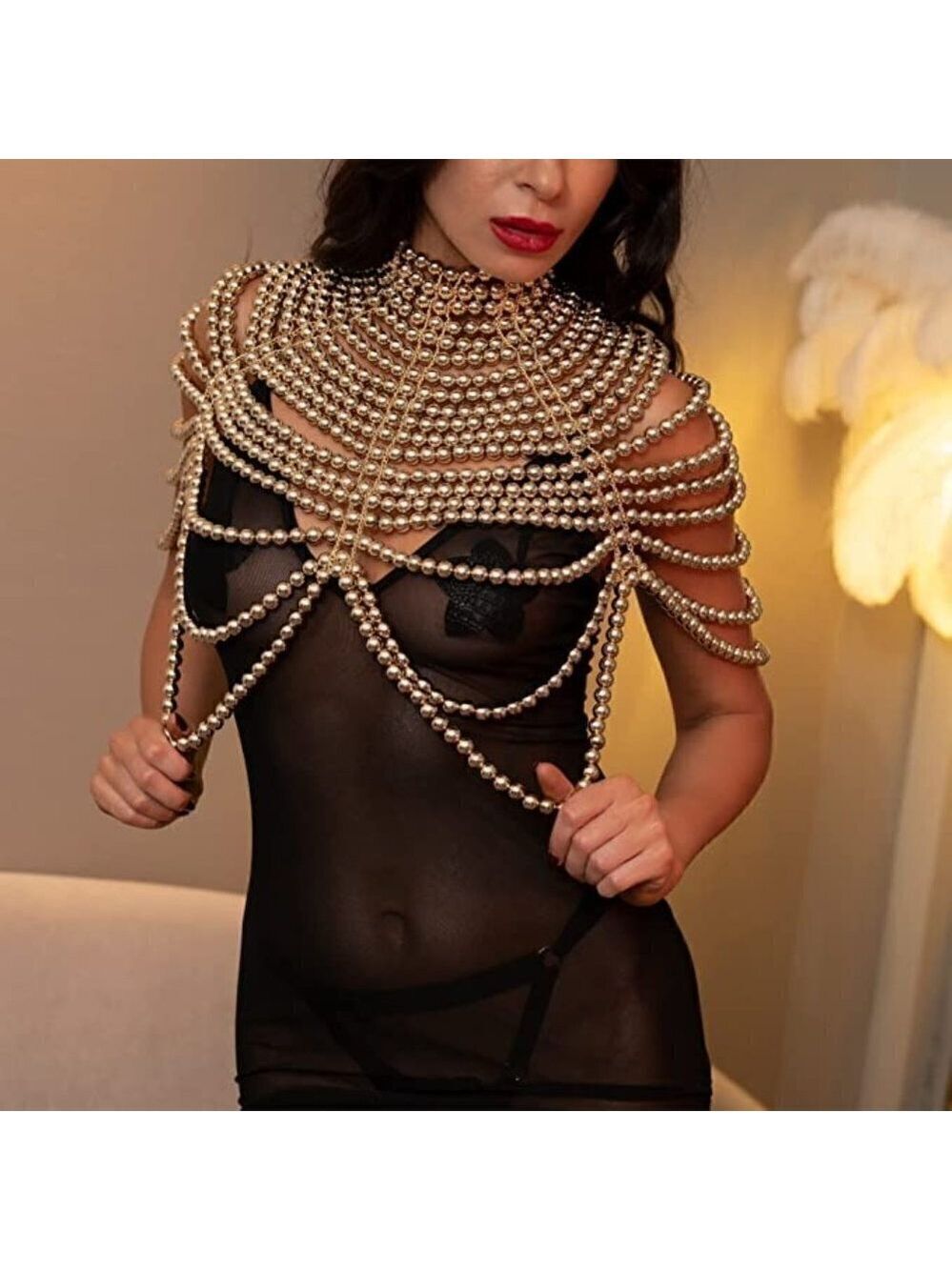 QUEEN Gold Pearl Body Chain Sexy Bra Fashion Shoulder Necklaces Harness Jewelry - Picture 5 of 7